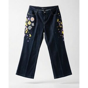 Jamie Nicole Womens 20 Dark Wash Paint Splatter Fleur De Lis  Wide Leg Jeans